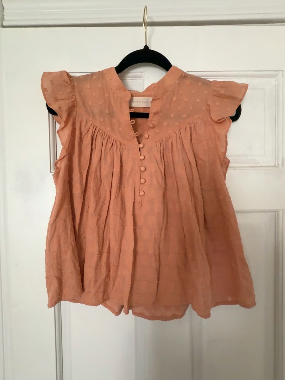 Peach Polka Dot Flutter-Sleeve Blouse with Button Front
